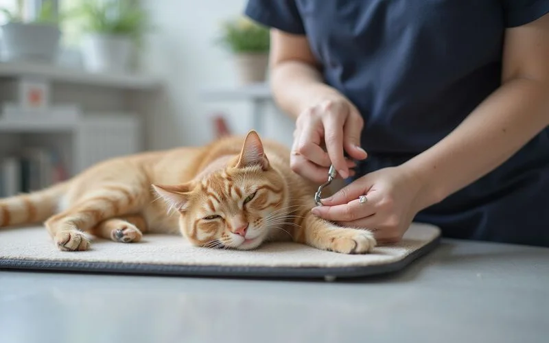 A friendly groomer carefully trimming the nails of a calm cat at a well-maintained pet grooming studio in Puchong