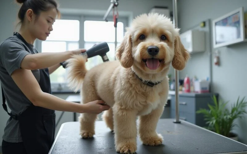 A small dog receiving a full groom including bath, blow-dry, and trim at a clean and well-lit pet salon in Puchong, Malaysia