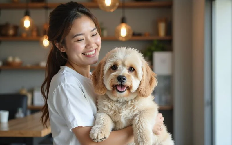 A happy small mixed-breed dog with a freshly trimmed coat being gently held by its owner outside a pet grooming salon on a sunny Puchong afternoon