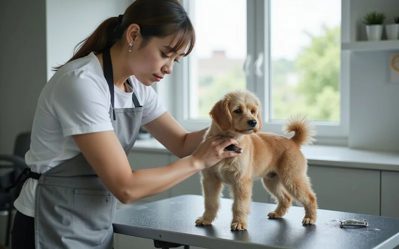 A calm golden retriever sitting on a grooming table in a brightly lit, clean pet salon in Puchong while a friendly groomer in an apron prepares brushes and scissors