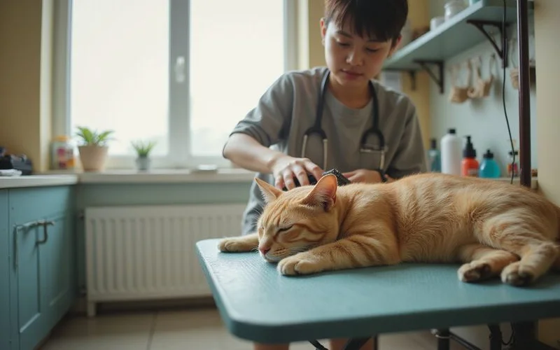 A calm and happy tabby cat being gently dried with a professional grooming dryer by a smiling staff member in a tidy cat grooming studio