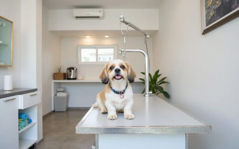 A professional pet groomer carefully bathing a fluffy golden retriever in a clean, well-lit Puchong grooming salon with modern equipment
