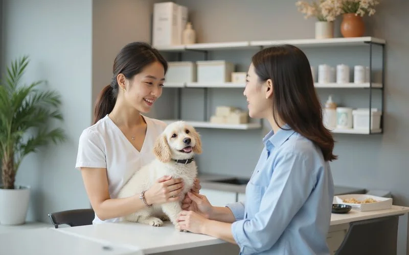 An overhead view of a clean, well-lit pet grooming salon in Puchong with a dog on the grooming table and a groomer working carefully with professional clippers and combs