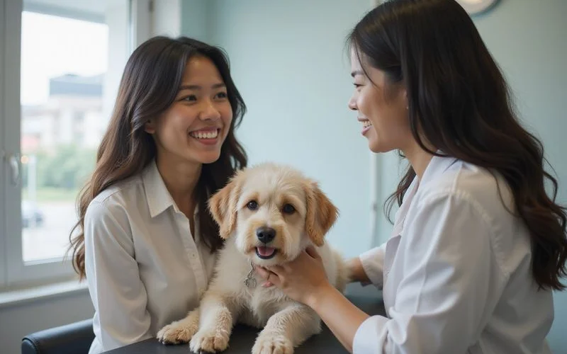 A pet owner reviewing a directory listing on a smartphone outside a grooming shop in Puchong, comparing groomer options with a small dog tucked under one arm